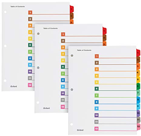 Oxford Binder Dividers, 12 Tabs, Numbered 1–12, 3 Pack, Customizable Table of Contents Page, Reversible Multicolor Tabs, 3-Hole Punched for Binders