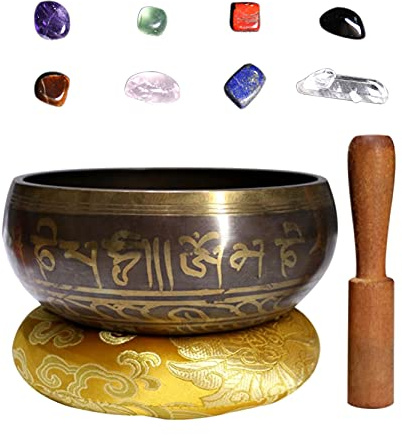 MKNZOME Cuenco Tibetano, 3.35'' Juego de Cuenco Tibetano a Mano con Piedras de Chakra para Meditación, Budista, Curación de Cristales, Yoga, Musicoterapia, Relajación, Decoración