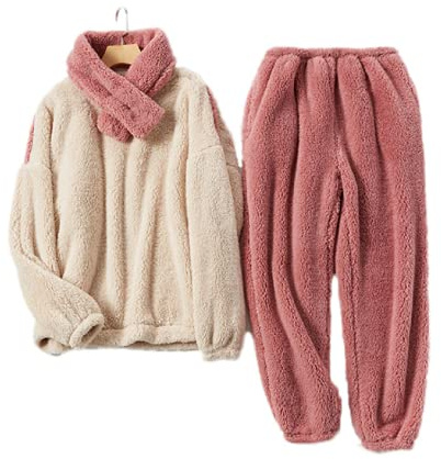 iyoimono Pijama para mujer de 2 piezas, con parte superior larga y pantalones de forro polar, acogedora y cálida, de franela de algodón, ropa de noche PjS para mujeres, Blanco Rosa Envejecido, L