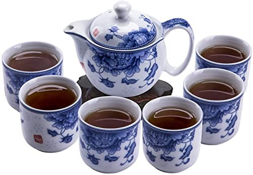 Set da tè cinese Kung Fu da 7 pezzi,Set da tè in porcellana blu e bianca per Kungfu,Servizio da tè