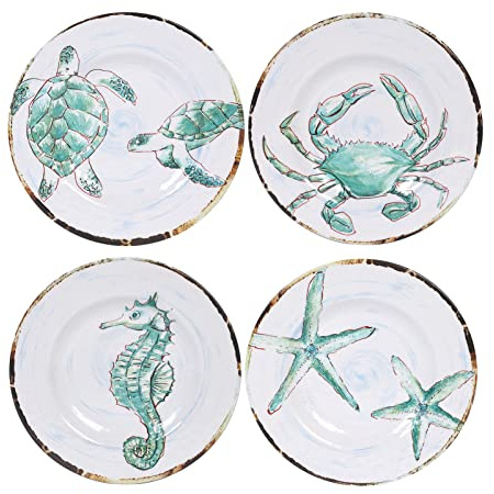 Gofunfun Melamine Salad Plates Set of 4, Salad/Dessert Plate for Outdoor/Indoor Use, Shatterproof, BPA Free, Dishwasher Safe Small Dinner Plates, Marine Life