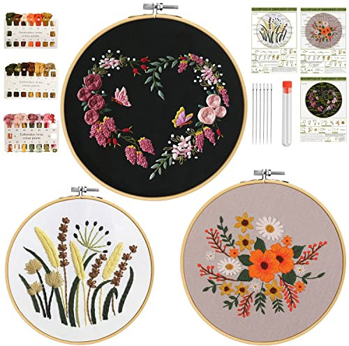 Noosverl 3 Stück Stickerei Set, Sticken Set, Stickerei Starter Kit, für DIY, Basteltwist, Armbandfaden, Basteln, Häkeln, Knüpfen, 4PCS Stickrahmen Kreuzstich Set Vorgedruckt Anfänger