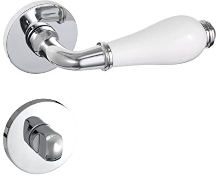 Gavroche Set di maniglie antiche per porta WC/bagno, maniglie per porte interne in argento cromato e bianco, maniglia per porta della stanza con rosetta rotonda in zinco e ceramica a forma di L