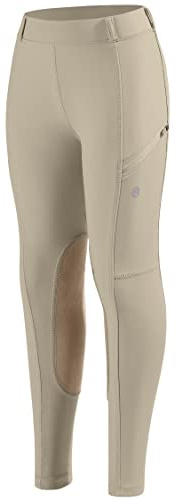 SANTINY Girls Horse Riding Pants with Zipper Pockets Kids Stretchy Equestrian Breeches Knee-Patch Youth Schooling Tights (Khaki_XS)
