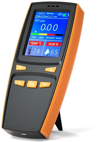 VQP Intelligent O3 Ozone Detector Analyzer, Portable Outdoor Indoor Air Quality Meter, Temperature Humidity Gauge with LCD Screen, Adjustable Alarm Threshold