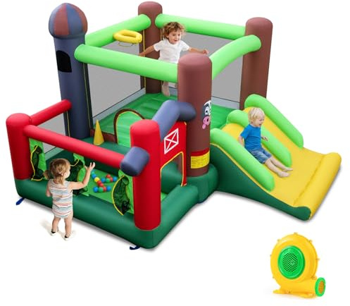 Maxmass Inflatable Bounce House, Kids Bouncy Castle with Slides, Ball Pit, Basketball Hoop, Pitching Game, Jumping Bouncer Playhouse for Indoor Outdoor Backyard (Farm Theme with Blower)