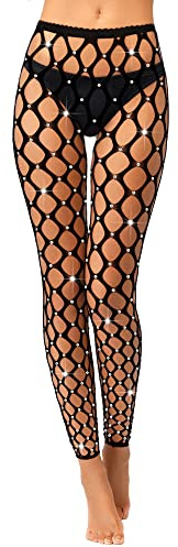 Geyoga Calze a Rete con Strass Collant senza Piede a Vita Alta Collant Elastici Glitterati Calzamaglie a Rete Donna Costume di Halloween (Nero)