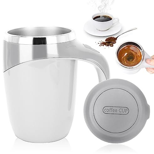 Fouvin Self-Stirring Cup with Lid, 380 ml Stainless Steel Electric Coffee Mug for Coffee, Milk, Hot Chocolate, Protein Shakes (White)