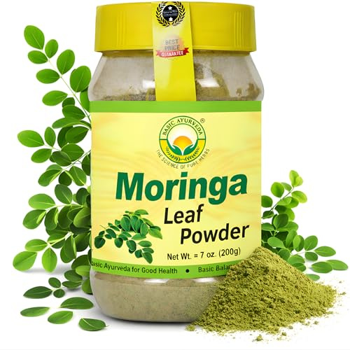 BASIC AYURVEDA Moringa Leaf Powder | 7.05 Oz (200g) | Rich in Antioxidants | Vegan, Non-GMO & Dried Green Superfood | Easy to Use in Smoothies, Herbal Teas, Drinks & Cooking