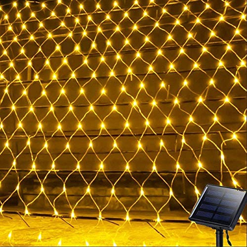 KINGCOO Striscia di luci a energia solare, impermeabile, 1,5 m x 2 m, 120 LED, a rete, luce a energia solare, per esterni, interni, giardino, Natale, matrimoni, feste, decorazioni (bianco caldo)