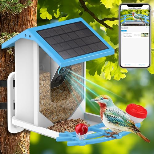 Holldoor Smart Bird Feeder mit Kamera Kabellos im Freien, Solarbetriebene Vogelbeobachtungskamera Feeder Bewegungsaktiviertes HD-Video Live, KI-Erkennung Vogelhaus mit Kamera (Blau)