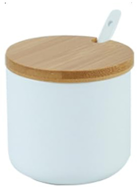 Jarsense Zuckerdose aus Keramik, 250 ml, Zuckerdose mit Holzdeckel und Löffel, Gewürzglas für Salz, Zucker, Kaffee, Tee, Gewürzbox für Zuhause, Küche, Kaffeebar, Weiß