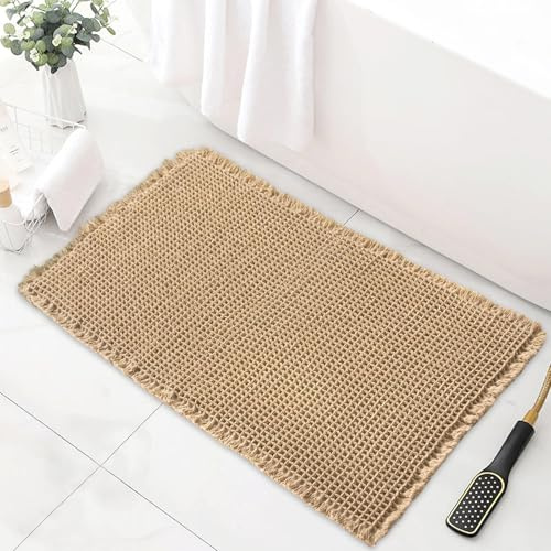 Rutschfeste Badematte: ultraweich, Waffeln, Badezimmerteppich mit Quasten, super saugfähig und maschinenwaschbar, für Badezimmer, Dusche, Badewanne (Braun, 43 x 61 cm)