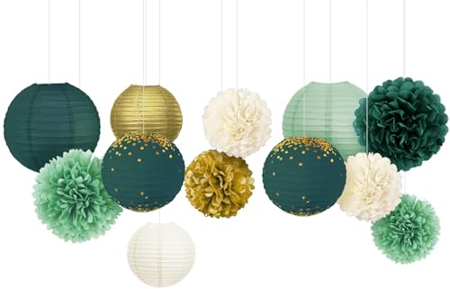 NICROLANDEE Grün Gold Seidenpapier Pompons Papierlaternen Party Deko 12 PCS | Grün Hochzeitsdekorationen für Brautparty, Botanische Babyparty, Waldgrün Gartenparty Geburtstag Deko