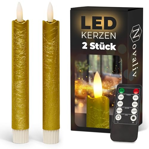 Stabkerzen LED mit Timer GOLD 2er indoor mit Timer Funktion 6 Stunden ECHTWACHS 18cm Höhe für Kerzen 2,2cm Durchmesser 2 AAA Batterien notwendig LED Stabkerzen flackernde Flamme bewegliche Flamme