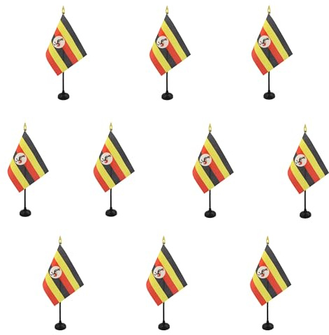AZ FLAG - Set of 10 Uganda Table Flag 4'' x 6'' - 10 Small Ugandan Mini Desk Flags 100% Polyester 15 x 10 cm - Office Flag with 10'' Pole - Golden Spear