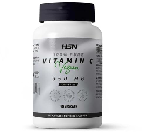 HSN Vitamina C 950mg | 90 Cápsulas Vegetales | 100% Puro Ácido Ascórbico, 0% Aditivos - Alta Pureza y Concentración | No-GMO, Vegano, Sin Gluten