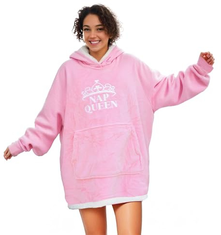 NAP QUEEN Oversized Blanket Hoodie Premium Soft Sherpa Wearable Throw Hooded Blanket With Kangaroo Pockets Birthday Christmas Gifts for Women Present for Her - Pink