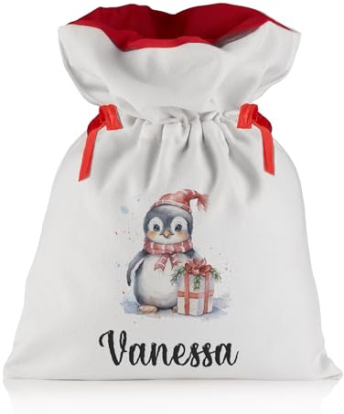 Liebtastisch - Weihnachtsbeutel mit Personalisiert - Weihnachtssack - Geschenk Sack - mit Ziehkordel und Wunschnamen - Extra Groß 52cm x 38cm - Weihnachtsdeko - Tiere (Pinguin)