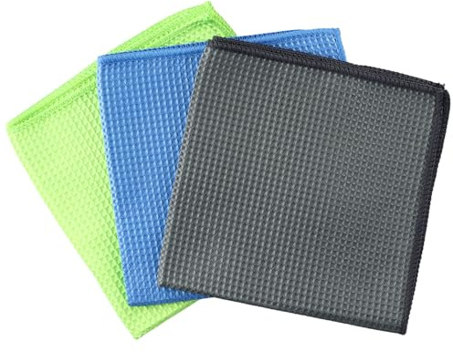 Gudalea Set di 3 Panno in Microfibra, 40x40cm Lavabile Panno per la Pulizia, Asciugamani per Waffle, per Cucina, Auto, Vetri (Verde, Blu, Grigio)