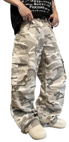 DFGIGT Mens Denim Baggy Pants with Cargo Pockets Mid Weight Casual Streetwear Wide Leg Jeans Hip Hop Skater Trousers Street Wear Jinco Y2k 2000s Straight Relaxed Loose Camouflage,E15 Camo,Large