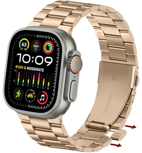 Anlinser Metal Straps Compatible with Apple Watch Strap 49mm 46mm 45mm 44mm 42mm, Replacement Band No Tool Needed Designed for iWatch Ultra 2/Ultra SE Series 10 9 8 7 6-1 (Gold)