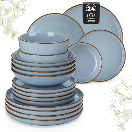 vancasso Loire Plates and Bowls Set, 24 Piece Stoneware Dinner Sets for 6 People, Kitchen Scratch Resistant Crockery Set, Elegant Tableware, Dishwasher and Microwave Safe, Blue