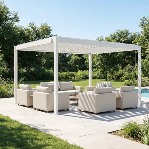 CAZEBOO Pérgola Bioclimática Autoportante Piana 388x298 cm (4x3 m – 12 m²) Aluminio Blanco – Lamas Orientables 0-110° Acero – Resistente Viento 70 km/h – Kit Completo con Manivela y Anclajes