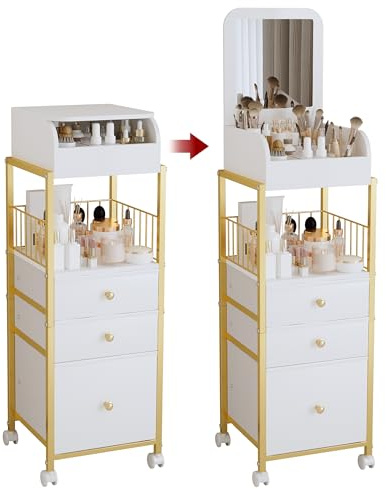 ZQUYAJ Makeup Cart Organizer with Mirror, Floor Makeup Organizer Large- Make Up Organizers Vanity Cart Cosmetic Display Cases Holder for Skin Care Perfume Nail Polish Brush Hair Tool (Gold)
