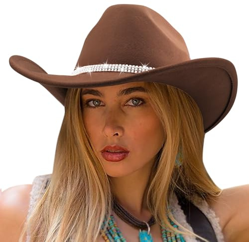 DRESHOW Chapeau de Cowboy Western pour Femme avec Bande de Diamants Chapeau de Cowgirl Tendance avec Sangle Ajusté