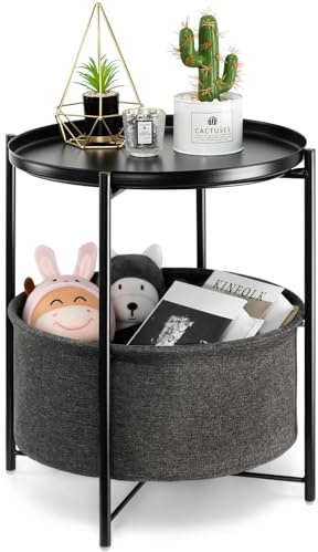 danpinera Beistelltisch, Schwarzer Beistelltisch Rund, Kleiner Tisch mit Stauraum, Couchtisch Klein für Wohnzimmer, Sofa, Balkon Tisch Klein für Outdoor, Schwarz