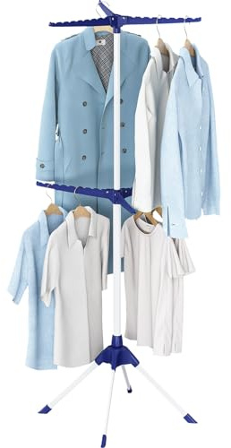 APEXCHASER Clothes Drying Rack 2-Tier Folding Laundry Drying Rack, 57 Inch Collapsible Clothing Rack 4 Legs, 6 Arms for 48 Hangers, Portable Clothes Airer for Indoor Outdoor Beach RV Travel, Blue