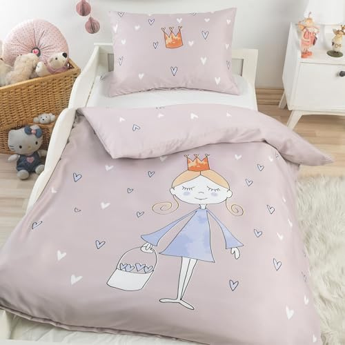 BaSaTex Baby/Kinder Bettwäsche Set, 100x135 cm 40x60 cm, Prinzessin | 100% Bio Baumwolle, GOTS-Zertifiziert, Rundumgummizug, 140gsm