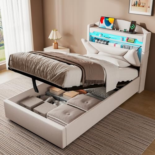 ZUUYEE Polsterbett Einzelbett 90x200 cm mit LED USB C, Hydraulische Bett Kinderbett mit Stauraum und Kopfteil, Bettgestell mit Metallrahmen Bettkasten und Lattenrost, Leinen, Beige, Ohne Matratze