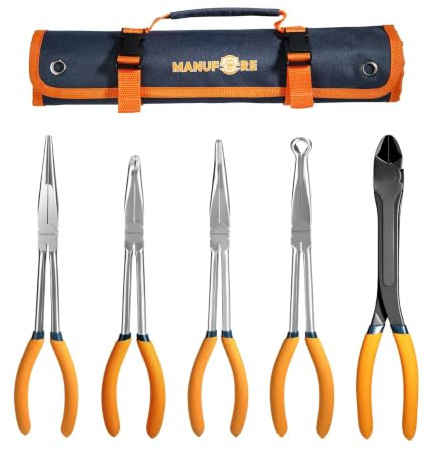 MANUFORE Jeu de 5 Pinces à Long Bec 11 (28 cm), Pinces Droites, Courbées à 45° et 90°, à Bec Rond et Coupantes, Longue Portée pour Travaux de Précision