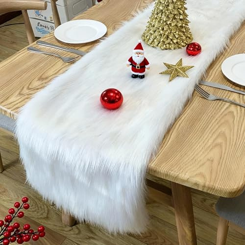 Kunstfell Modern Tischläufer, 36x220 cm Kunstfell Tischläufer, Weihnachten Deko Fell Weiß Abwaschbar Für Weihnachten, Hochzeit, Esstisch, Schminktisch