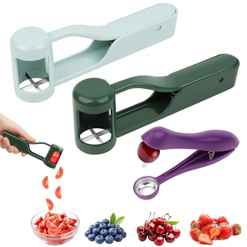 Muzhu Grape Cutter for Toddlers: 2Pieces Fruit Slicer with Stainless Steel Blades & Plastic Handle, Kitchen Gadget for Grapes, Tomatoes, Cherries– Cuts into 4 Pieces for Fruit Salad (Blue+Green)