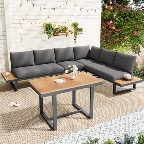 Lahoomu Garten-Essgruppe, Gartenmöbel-Set, Eckstellung, mit Verstellbarer Neigefunktion (5-stufig, bis 55°), verzinktes Stahlrohr, Tischplatte Kunststoff-Holz, mit Esstisch, Grau