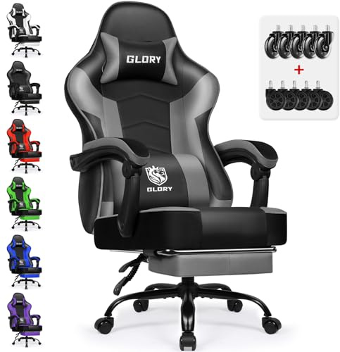 minnouat Gaming Stuhl Ergonomischer mit Fußstütze, Gaming Chair 150 kg Belastbarkeit, Gamer Stuhl aus Kunstleder, Höhenverstellbarer PC Zockerstuhl Bürostuhl für Jugendliche Erwachsene, Grau