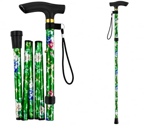 Adjustable Folding Walking Stick for Men & Women – Lightweight Collapsible Travel Cane for Elderly Adults – Portable Balance Support Walking- Floral Green