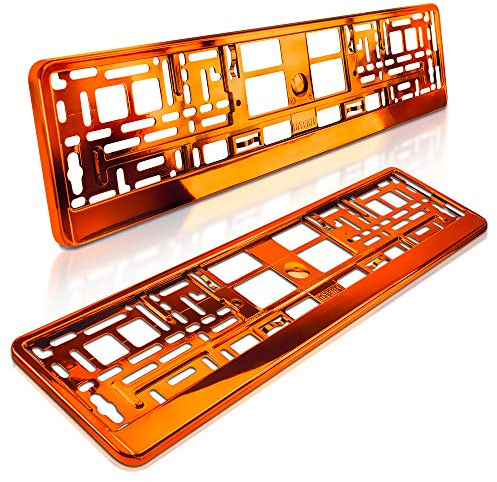 2 Kennzeichenhalter | Orange Metallic Hochglanz | Nummernschildhalter | Kupfer Chrom Look | Kennzeichen-Halterung | Nummernschild-Halterung | Auto-Schilder Befestigung | Auto-Kennzeichen Rahmen