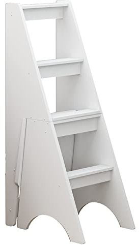 Wooden 4 Step Stool Folding Ladder Chair, Portable Stepladder/Stairway Chairs Step Stool-Shelving Multifunction Ladder Shelf for Kitchen/Office/Library