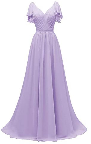 N/ C Brautjungfernkleid mit Rüschenärmeln, V-Ausschnitt, Chiffon, lang, formell, Hochzeit, Abendkleid, Flieder, 52