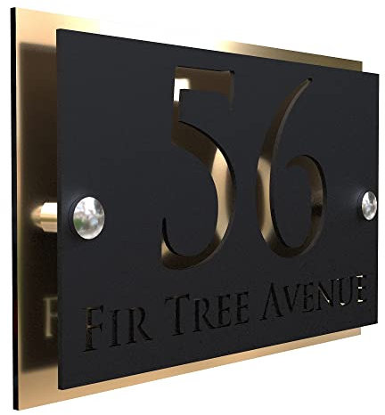 K Smart Sign | Simpatico | Modern laser Cut House Signs 3d effect door number address style sign plaques address numbers | 200mm x 130mm (Gold Mirror & Matt Black)