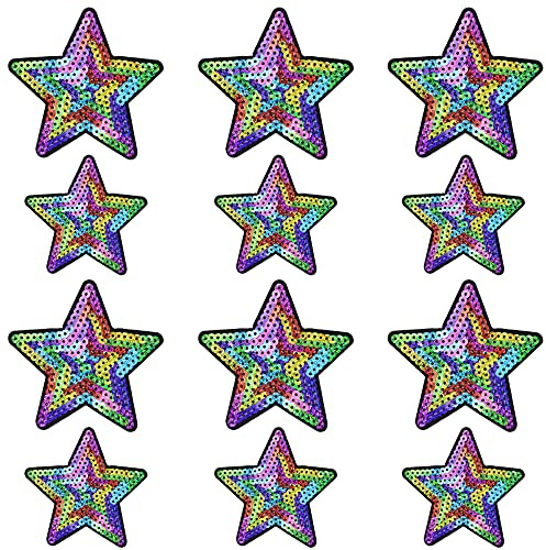 Weenkeey 12 Stück Stern Pailletten Patches Pentagramm Aufbügeln Applikationen Bling Stern Gestickte Aufnäher für Kleid Jeans Jacken Hüte Taschen Schuhe - 2 Größen Mehrfarbig