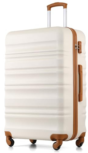 COOLIFE Hartschalen-Koffer Trolley Rollkoffer Reisekoffer mit TSA-Schloss und 4 Rollen (Weiß/Braun, Großer Koffer)