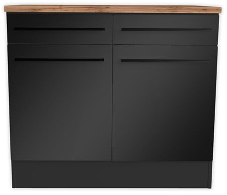 Jazz Moderner Küchenunterschrank 2-türig in Schwarz matt, Lanzelot Eiche Optik - Geräumiger Unterschrank Küche mit viel Stauraum - 100 x 90 x 60 cm (B/H/T)
