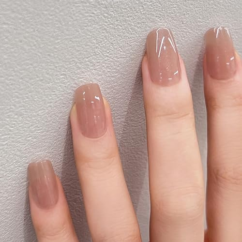 24PCS Faux Ongles Court Soft Gel Carrés Ongles à Presser Français Nude Brillant Capsules Ongles Ballerine Couverture Complète Naturel Ongles à Coller avec Autocollants Adhesif Reutilisable pour Femme