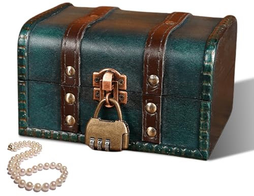 Aicharynic Schatztruhe: 16 x 12 x 9.5 cm Vintage Holz Schatzkiste mit Zahlenschloss, Schatztruhe für Kindergeburtstage und Dekoration (Grün)