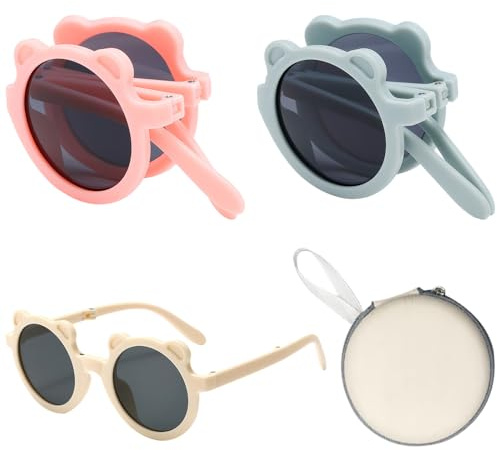 Taasmoog Lunettes de soleil pliables pour enfants, 3 pièces, polarisées rondes style rétro pour garçons et filles, protection UV, parfaites pour la plage, l'école, les fêtes et la décoration
